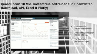 Quandl.com: 10 Mio. kostenfreie Zeitreihen für Finanzdaten
(Download, API, Excel & Plotly)
➢ Plattform für
strukturierte Daten
➢ Alle wichtigen Quellen
(FRED, EZB etc.)
➢ Fortlaufende
Aktualisierungen
 