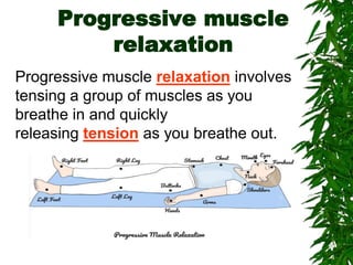 Progressive muscle
relaxation
Progressive muscle relaxation involves
tensing a group of muscles as you
breathe in and quickly
releasing tension as you breathe out.
 