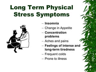 Long Term Physical
Stress Symptoms
– Insomnia
– Change in Appetite
– Concentration
problems
– Aches and pains
– Feelings of intense and
long-term tiredness
– Frequent colds
– Prone to illness
 