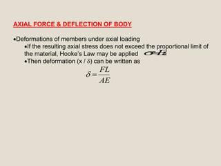 AXIAL FORCE & DEFLECTION OF BODY
Deformations of members under axial loading
If the resulting axial stress does not exceed the proportional limit of
the material, Hooke’s Law may be applied
Then deformation (x / ) can be written as
AE
FL

 E
 