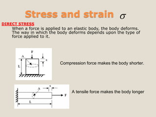 Stress and strain
DIRECT STRESS
 When a force is applied to an elastic body, the body deforms.
The way in which the body deforms depends upon the type of
force applied to it.
Compression force makes the body shorter.
A tensile force makes the body longer

 