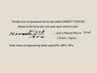 A
F
Area
Force
Stress
2
/mN
Tensile and compressive forces are called DIRECT FORCES
Stress is the force per unit area upon which it acts.
….. Unit is Pascal (Pa) or
Note: Most of engineering fields used kPa, MPa, GPa.
( Simbol – Sigma)
 