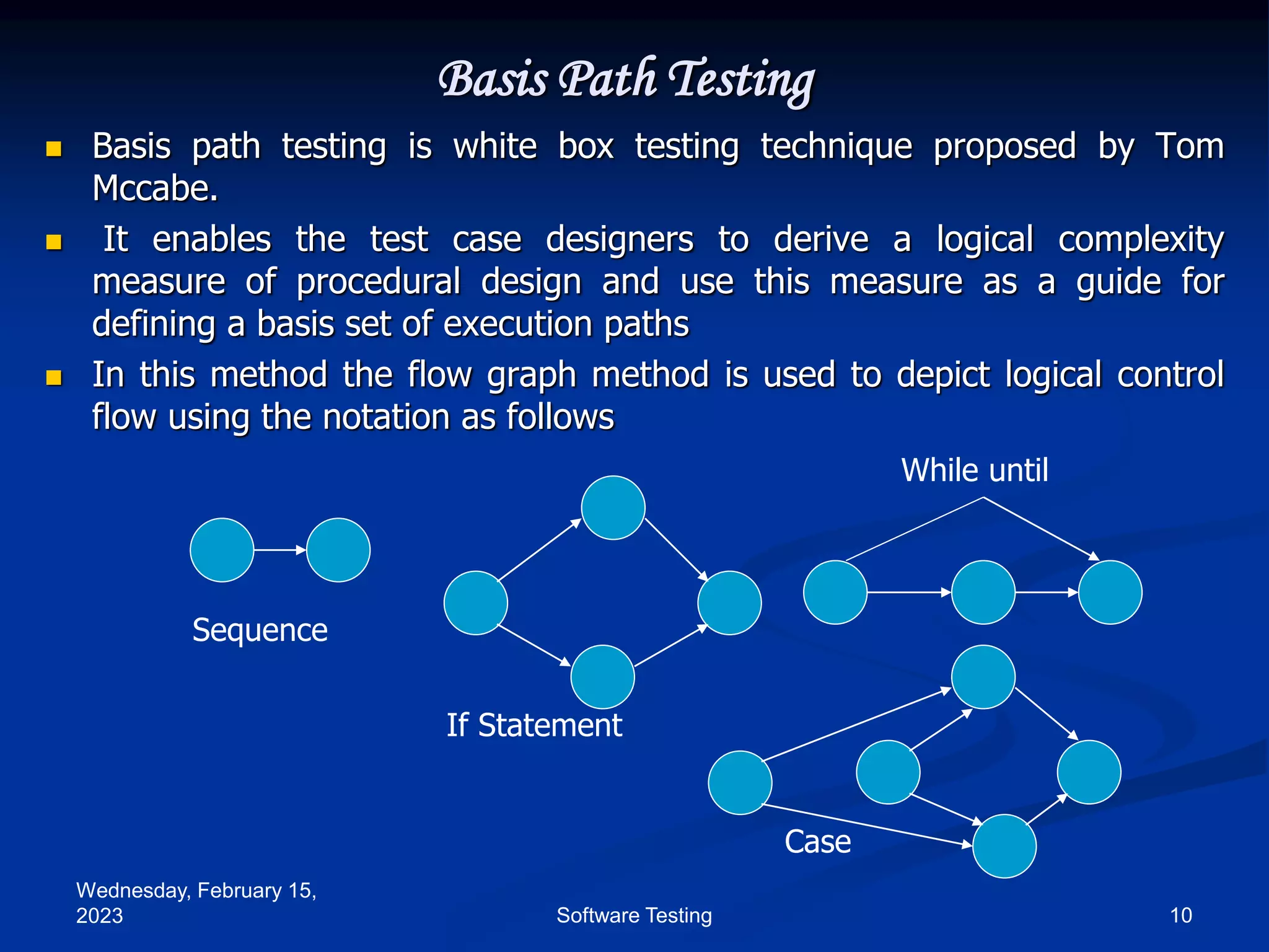 Wednesday, February 15,
2023 10
Software Testing
Basis Path Testing
 Basis path testing is white box testing technique proposed by Tom
Mccabe.
 It enables the test case designers to derive a logical complexity
measure of procedural design and use this measure as a guide for
defining a basis set of execution paths
 In this method the flow graph method is used to depict logical control
flow using the notation as follows
Sequence
If Statement
While until
Case
 