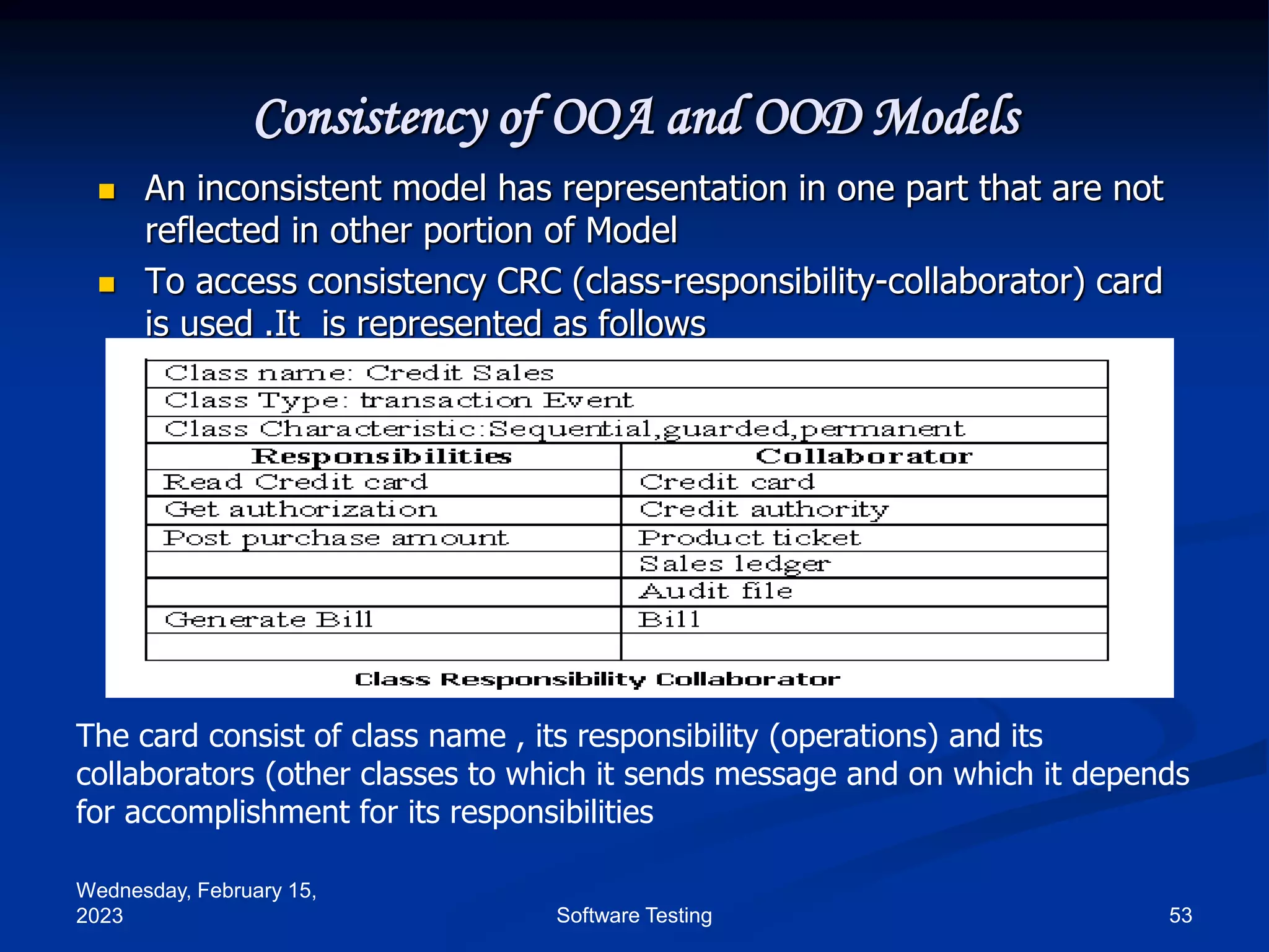 Wednesday, February 15,
2023 53
Software Testing
Consistency of OOA and OOD Models
 An inconsistent model has representation in one part that are not
reflected in other portion of Model
 To access consistency CRC (class-responsibility-collaborator) card
is used .It is represented as follows
The card consist of class name , its responsibility (operations) and its
collaborators (other classes to which it sends message and on which it depends
for accomplishment for its responsibilities
 