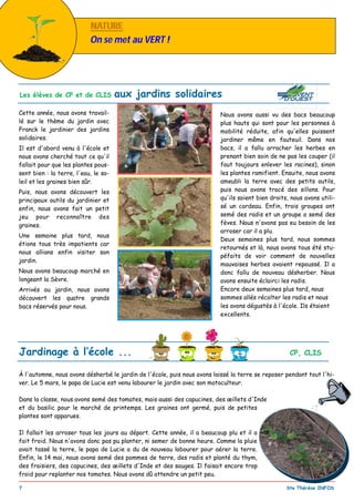 _________________________________________________________________________________________
7 Ste Thérèse INFOS
Les élèves de CP et de CLIS aux jardins solidaires
Cette année, nous avons travail-
lé sur le thème du jardin avec
Franck le jardinier des jardins
solidaires.
Il est d'abord venu à l'école et
nous avons cherché tout ce qu'il
fallait pour que les plantes pous-
sent bien : la terre, l'eau, le so-
leil et les graines bien sûr.
Puis, nous avons découvert les
principaux outils du jardinier et
enfin, nous avons fait un petit
jeu pour reconnaître des
graines.
Une semaine plus tard, nous
étions tous très impatients car
nous allions enfin visiter son
jardin.
Nous avons beaucoup marché en
longeant la Sèvre.
Arrivés au jardin, nous avons
découvert les quatre grands
bacs réservés pour nous.
Nous avons aussi vu des bacs beaucoup
plus hauts qui sont pour les personnes à
mobilité réduite, afin qu'elles puissent
jardiner même en fauteuil. Dans nos
bacs, il a fallu arracher les herbes en
prenant bien soin de ne pas les couper (il
faut toujours enlever les racines), sinon
les plantes ramifient. Ensuite, nous avons
ameubli la terre avec des petits outils,
puis nous avons tracé des sillons. Pour
qu'ils soient bien droits, nous avons utili-
sé un cordeau. Enfin, trois groupes ont
semé des radis et un groupe a semé des
fèves. Nous n'avons pas eu besoin de les
arroser car il a plu.
Deux semaines plus tard, nous sommes
retournés et là, nous avons tous été stu-
péfaits de voir comment de nouvelles
mauvaises herbes avaient repoussé. Il a
donc fallu de nouveau désherber. Nous
avons ensuite éclairci les radis.
Encore deux semaines plus tard, nous
sommes allés récolter les radis et nous
les avons dégustés à l'école. Ils étaient
excellents.
NATURENATURE
On se met au VERT !
À l'automne, nous avons désherbé le jardin de l'école, puis nous avons laissé la terre se reposer pendant tout l'hi-
ver. Le 5 mars, le papa de Lucie est venu labourer le jardin avec son motoculteur.
Dans la classe, nous avons semé des tomates, mais aussi des capucines, des œillets d'Inde
et du basilic pour le marché de printemps. Les graines ont germé, puis de petites
plantes sont apparues.
Il fallait les arroser tous les jours au départ. Cette année, il a beaucoup plu et il a
fait froid. Nous n'avons donc pas pu planter, ni semer de bonne heure. Comme la pluie
avait tassé la terre, le papa de Lucie a du de nouveau labourer pour aérer la terre.
Enfin, le 14 mai, nous avons semé des pommes de terre, des radis et planté du thym,
des fraisiers, des capucines, des œillets d'Inde et des sauges. Il faisait encore trop
froid pour replanter nos tomates. Nous avons dû attendre un petit peu.
Jardinage à l’école ... CP, CLIS
 