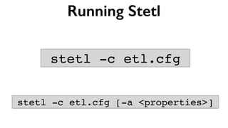 Installing Stetl - PyPi
Deps
•GDAL+Python bindings
•lxml (xml proc)
•psycopg2 (Postgres)
sudo pip install stetl
 