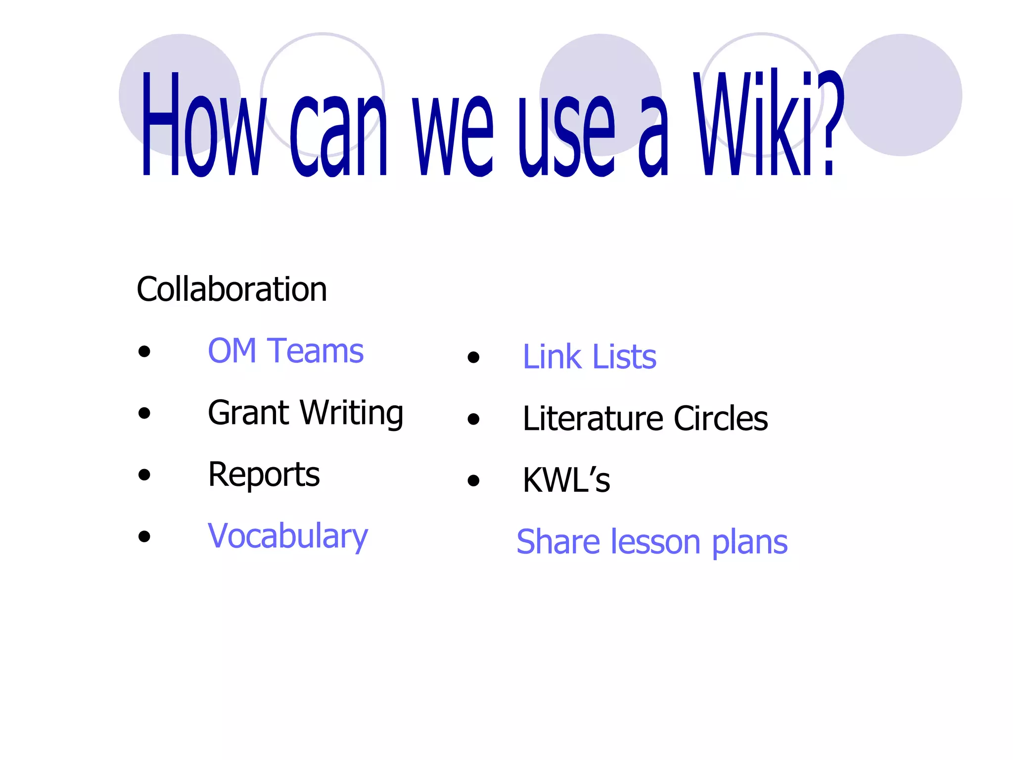 How can we use a Wiki? Collaboration OM Teams Grant Writing Reports Vocabulary Link Lists Literature Circles KWL’s Share lesson plans 
