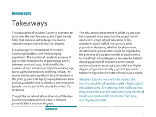 12
Takeaways
The population of SteubenCounty is expected to
grow over the next few years, and if past trends
hold, that increase will be largely be due to
natural increase (more births than deaths).
In examining the composition of Steuben
County’s population, one finds an aging
population.The number of residents 50 years of
age or older increased by 11 percentage points
between 2000 and 2014. Additionally, the
number of men and women of prime working age
(20 to 49) has been slowly declining. In fact, the
county witnessed a significant loss of residents in
the 30 to 39 years old age grouping between 2000
and 2014, possibly due to domestic out-migration
(people moving out of the county for other U.S.
locations).
Though the racial and ethnic diversity of Steuben
County has increased since 2000, it remains
primarily White and non-Hispanic.
The educational attainment of adults 25 and over
has improved since 2000, but the proportion of
adults with a high school education or less
represents about half of the county’s adult
population.Assessing whether local economic
development opportunities might be impeded by
the presence of a sizable number of adults with a
terminal high school degree or less may be helpful.
About 29 percent of SteubenCounty’s adult
residents have an associate’s, bachelor’s or higher
degree, a figure that is only 3 percentage points
below the figure for the state of Indiana as a whole.
Steuben County may wish to assess the
workforce skills of workers with a high school
education only. Enhancing their skills so that
they meet the current and emerging needs of
local businesses and industries may be a
worthy investment.
Demography
section 02
 