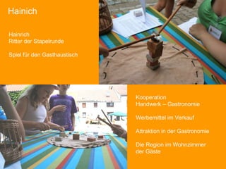HainichEntwicklung von  PauschalangebotenHainrichRitter der StapelrundeSpiel für den GasthaustischKooperation Handwerk – GastronomieWerbemittel im VerkaufAttraktion in der GastronomieDie Region im Wohnzimmer der Gäste