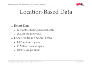 Information Systems and Computer Media - Graz University of Technology!

Location-Based Data!
!  

Event Data!
!  
!  

!  

12 months starting in March 2012!
262,234 unique events !

Location-based Social Data!
!  
!  
!  

4,105 unique regions!
19 Million data samples!
410,619 unique users !

Predicting Partnership in Online and Location-Based Social Networks!

Michael Steurer!
!

 