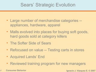 17 Consumer Behavior Ignacio J. Vázquez E. © 2007
Sears’ Strategic Evolution
• Large number of merchandise categories --
appliances, hardware, apparel
• Malls evolved into places for buying soft goods,
hard goods sold at category killers
• The Softer Side of Sears
• Refocused on value -- Testing carts in stores
• Acquired Lands’ End
• Reviewed training program for new managers
 