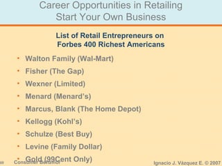 40 Consumer Behavior Ignacio J. Vázquez E. © 2007
Career Opportunities in Retailing
Start Your Own Business
• Walton Family (Wal-Mart)
• Fisher (The Gap)
• Wexner (Limited)
• Menard (Menard’s)
• Marcus, Blank (The Home Depot)
• Kellogg (Kohl’s)
• Schulze (Best Buy)
• Levine (Family Dollar)
• Gold (99Cent Only)
List of Retail Entrepreneurs on
Forbes 400 Richest Americans
 