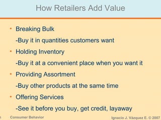 5 Consumer Behavior Ignacio J. Vázquez E. © 2007
How Retailers Add Value
• Breaking Bulk
-Buy it in quantities customers want
• Holding Inventory
-Buy it at a convenient place when you want it
• Providing Assortment
-Buy other products at the same time
• Offering Services
-See it before you buy, get credit, layaway
 