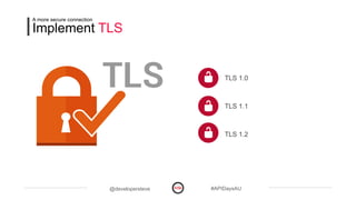 @developersteve #APIDaysAU
Implement TLS
A more secure connection
TLS 1.0
TLS 1.1
TLS 1.2
 