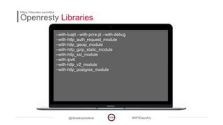 @developersteve #APIDaysAU
Openresty Libraries
https://devstev.es/orlibs
--with-luajit --with-pcre-jit --with-debug
--with-http_auth_request_module
--with-http_geoip_module
--with-http_gzip_static_module
--with-http_ssl_module
--with-ipv6
--with-http_v2_module
--with-http_postgres_module
 