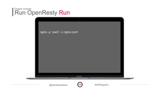 @developersteve #APIDaysAU
Run OpenResty Run
Fingers crossed
nginx -p `pwd`/ -c nginx.conf
 