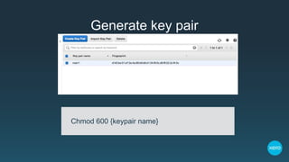 Generate key pair
Chmod 600 {keypair name}
 