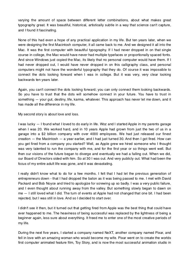 steve jobs speech example Steve jobs' stanford university commencement speech fonts rhetorical devices hyperbole- when jobs’ speaks about getting fired, he says “sometimes life hits you in the head with a brick”. steve jobs speech example Steve jobs' stanford university commencement speech fonts rhetorical devices hyperbole- when jobs’ speaks about getting fired, he says “sometimes life hits you in the head with a brick”.