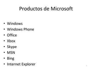Productos de Microsoft
• Windows
• Windows Phone
• Office
• Xbox
• Skype
• MSN
• Bing
• Internet Explorer 7
 