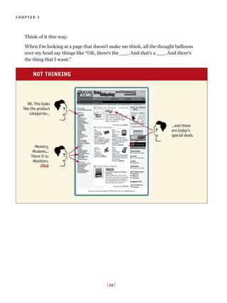 Think of it this way:
When I’m looking at a page that doesn’t make me think, all the thought balloons
over my head say things like “OK, there’s the _____. And that’s a _____. And there’s
the thing that I want.”
[ 12 ]
chapter 1
NOT THINKING
...and these
are today’s
special deals.
Memory,
Modems...
There it is:
Monitors.
Click
OK. This looks
like the product
categories...
 