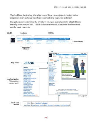 [ 61 ]
street signs and breadcrumbs
Think of how frustrating it is when one of these conventions is broken (when
magazines don’t put page numbers on advertising pages, for instance).
Navigation conventions for the Web have emerged quickly, mostly adapted from
existing print conventions. They’ll continue to evolve, but for the moment these
are the basic elements:
SectionsSite ID
Local navigation
(Things at the
current level)
Page name
“You are here”
indicator
Subsections
Small text
version
Utilities
>
>
>
>
www.gap.com
 