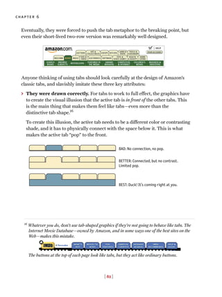 [ 82 ]
chapter 6
Eventually, they were forced to push the tab metaphor to the breaking point, but
even their short-lived two-row version was remarkably well designed.
Anyone thinking of using tabs should look carefully at the design of Amazon’s
classic tabs, and slavishly imitate these three key attributes:
> They were drawn correctly. For tabs to work to full effect, the graphics have
to create the visual illusion that the active tab is in front of the other tabs. This
is the main thing that makes them feel like tabs—even more than the
distinctive tab shape.16
To create this illusion, the active tab needs to be a different color or contrasting
shade, and it has to physically connect with the space below it. This is what
makes the active tab “pop” to the front.
BAD: No connection, no pop.
BETTER: Connected, but no contrast.
Limited pop.
BEST: Duck! It’s coming right at you.
16
Whatever you do, don’t use tab-shaped graphics if they’re not going to behave like tabs. The
Internet Movie Database—owned by Amazon, and in some ways one of the best sites on the
Web—makes this mistake.
The buttons at the top of each page look like tabs, but they act like ordinary buttons.
 