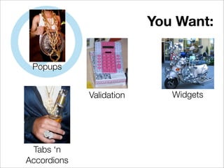 You Want:


 Popups


             Validation      Widgets




 Tabs ‘n
Accordions
 