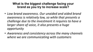 What is the biggest challenge facing your
brand as you try to increase scale?
• Low brand awareness. Our unaided and aided brand
awareness is relatively low, so while that presents a
challenge due to the investment it requires to have a
larger share of voice, it also presents a huge
opportunity
• Awareness and consistency across the many channels
where we are communicating with customers
 