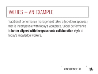 VALUES — AN EXAMPLE
Traditional performance management takes a top-down approach
that is incompatible with today’s workpla...