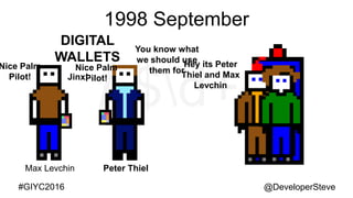 @DeveloperSteve@DeveloperSteve#GIYC2016
1998 September
Peter ThielMax Levchin
Hey its Peter
Thiel and Max
Levchin
Nice Palm
Pilot!
Nice Palm
Pilot!
You know what
we should use
them for
DIGITAL
WALLETS
Jinx!
 