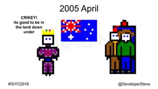@DeveloperSteve@DeveloperSteve#GIYC2016
2005 April
CRIKEY!
its good to be in
the land down
under
 