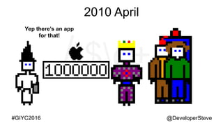 @DeveloperSteve@DeveloperSteve#GIYC2016
2010 April
Yep there’s an app
for that!
 