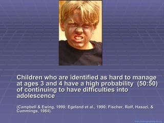 Children who are identified as hard to manage at ages 3 and 4 have a high probability  (50:50) of continuing to have difficulties into adolescence  (Campbell & Ewing, 1990; Egeland et al., 1990; Fischer, Rolf, Hasazi, & Cummings, 1984). Center for Evidence Based Practice: Young Children with Challenging Behavior  www.challengingbehavior.org   