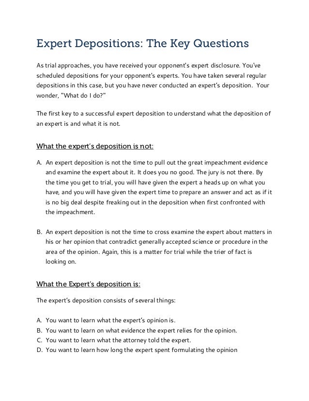 Expert Depositions The Key Questions, by Steve Young ("the last minute
