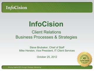 InfoCision
        Client Relations
Business Processes & Strategies

         Steve Brubaker, Chief of Staff
 Mike Herston, Vice President, IT Client Services

                October 25, 2012
 