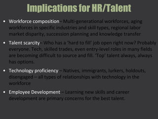 Implications for HR/Talent
• Workforce composition– Multi-generational workforces, aging
workforces in specific industries and skill types, regional labor
market disparity, succession planning and knowledge transfer
• Talent scarcity– Who has a ‘hard to fill’ job open right now? Probably
everyone. Tech, skilled trades, even entry-level roles in many fields
are becoming difficult to source and fill. ‘Top’ talent always, always
has options.
• Technology proficiency – Natives, immigrants, lurkers, holdouts,
disengaged – all types of relationships with technology in the
workforce
• Employee Development – Learning new skills and career
development are primary concerns for the best talent.
 