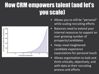 How CRM empowers talent (and let’s
you scale)
• Allows you to still be “personal”
while scaling recruiting efforts
• Balances need to extend your
internal resources to support an
ever-growing number of
prospects/candidates
• Helps meet heightened
candidate experience
expectations for personal touch
• Allows organization to look and
think critically, objectively, and
with data at their recruiting
process and efforts
 