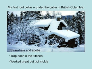 My first root cellar -- under the cabin in British Columbia: Straw-bale and adobe Trap door in the kitchen Worked great but got moldy  