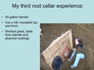 My third root cellar experience: 55 gallon barrels Into a hill, insulated top and front Worked great, taste from barrels and plywood coatings 