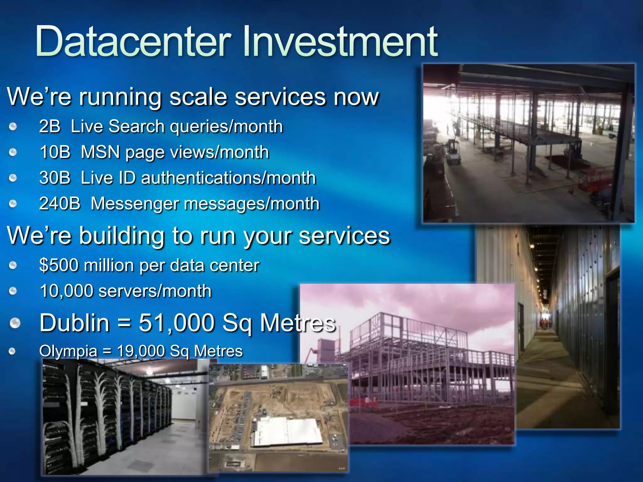 Datacenter InvestmentWe’re running scale services now2B  Live Search queries/month10B  MSN page views/month30B  Live ID authentications/month240B  Messenger messages/monthWe’re building to run your services$500 million per data center10,000 servers/monthDublin = 51,000 Sq MetresOlympia = 19,000 Sq Metres