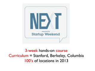 3-week hands-on course
Curriculum = Stanford, Berkeley, Columbia
         100’s of locations in 2013
 