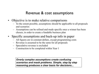 Revenue & cost assumptions
• Objective is to make relative comparisons
– To the extent possible, assumptions should be applicable to all proposals
and scenarios
– Assumptions can be refined and made specific once a winner has been
chosen, in order to create a fundable business plan
• Specific assumptions and back-up info in paper
– All figures are in constant dollars, except programming costs
– Revenue is assumed to be the same for all proposals
– Speculative revenue is excluded
– Construction to be completed within Year 1
Overly complex assumptions create confusing
scenarios and mask problems. Simple, step by step
reasoning produces a clear basis for decisions...
 