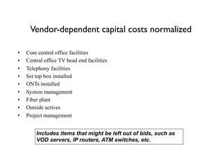Vendor-dependent capital costs normalized
• Core central office facilities
• Central office TV head end facilities
• Telephony facilities
• Set top box installed
• ONTs installed
• System management
• Fiber plant
• Outside actives
• Project management
Includes items that might be left out of bids, such as
VOD servers, IP routers, ATM switches, etc.
 