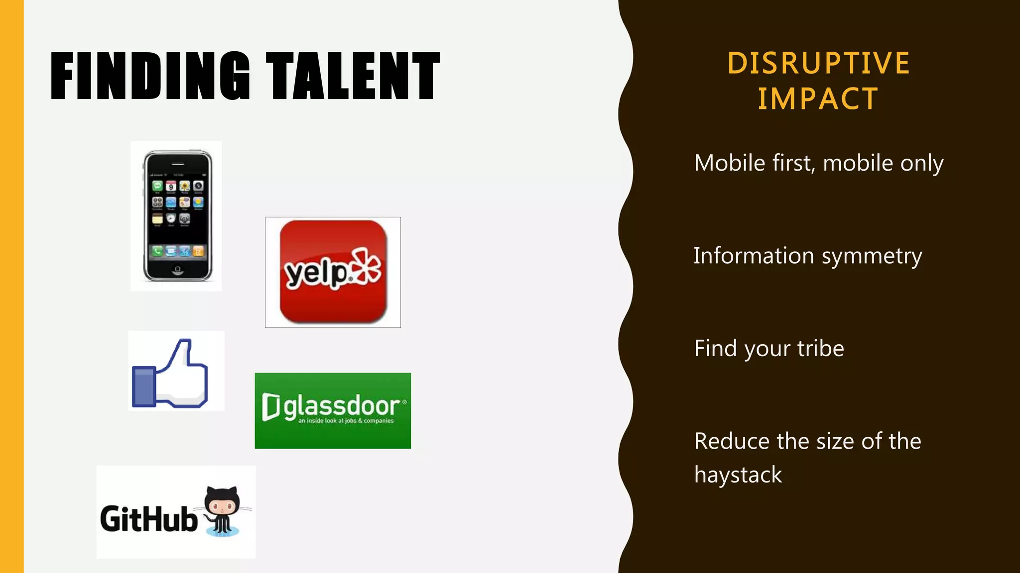 DISRUPTIVE
IMPACT
Mobile first, mobile only
Information symmetry
Find your tribe
Reduce the size of the
haystack
FINDING TALENT
 