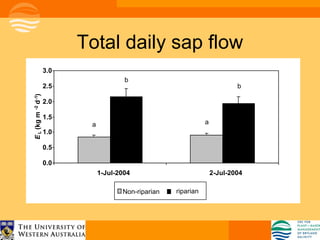 Total daily sap flow
            3.0
                               b
            2.5                                                     b
d -1)




            2.0
-2
E L (kg m




            1.5
                   a                                    a
            1.0

            0.5

            0.0
                       1-Jul-2004                           2-Jul-2004

                              Non-riparian   riparian
 