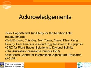 Acknowledgements

•Nick Hogarth and Tim Bleby for the bamboo field
measurements
•Todd Dawson, Chin Ong, Neil Turner, Ahmed Khan, Craig
Beverly, Hans Lambers, Alastair Grigg for some of the graphics
•CRC for Plant-Based Solutions to Dryland Salinity
•The Australian Research Council (ARC)
•Australian Centre for International Agricultural Research
(ACIAR)
 