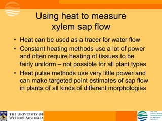 Using heat to measure
            xylem sap flow
• Heat can be used as a tracer for water flow
• Constant heating methods use a lot of power
  and often require heating of tissues to be
  fairly uniform – not possible for all plant types
• Heat pulse methods use very little power and
  can make targeted point estimates of sap flow
  in plants of all kinds of different morphologies
 