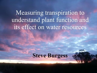 Measuring transpiration to understand plant function and its effect on water resources Steve Burgess 