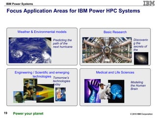 Focus Application Areas for IBM Power HPC Systems Weather & Environmental models Medical and Life Sciences Basic Research Engineering / Scientific and emerging technologies Predicting the path of the next hurricane Modeling the Human Brain Discovering the secrets of the Universe Tomorrow’s technologies today BRINGING OUR STRENGTH TO BEAR 
