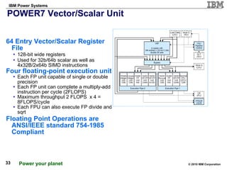 POWER7 Vector/Scalar Unit 64 Entry Vector/Scalar Register File 128-bit wide registers  Used for 32b/64b scalar as well as 4x32B/2x64b SIMD instructions Four floating-point execution units Each FP unit capable of single or double precision Each FP unit can complete a multiply-add instruction per cycle (2FLOPS) Maximum throughput 2 FLOPS  x 4 = 8FLOPS/cycle Each FPU can also execute FP divide and sqrt  Floating Point Operations are ANSI/IEEE standard 754-1985 Compliant 